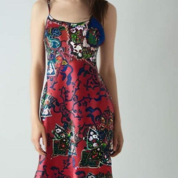 Natori Pink and Blue Graphic Print Satin Spaghetti Strap Slip Dress‎ -- S/M - Picture 1 of 9